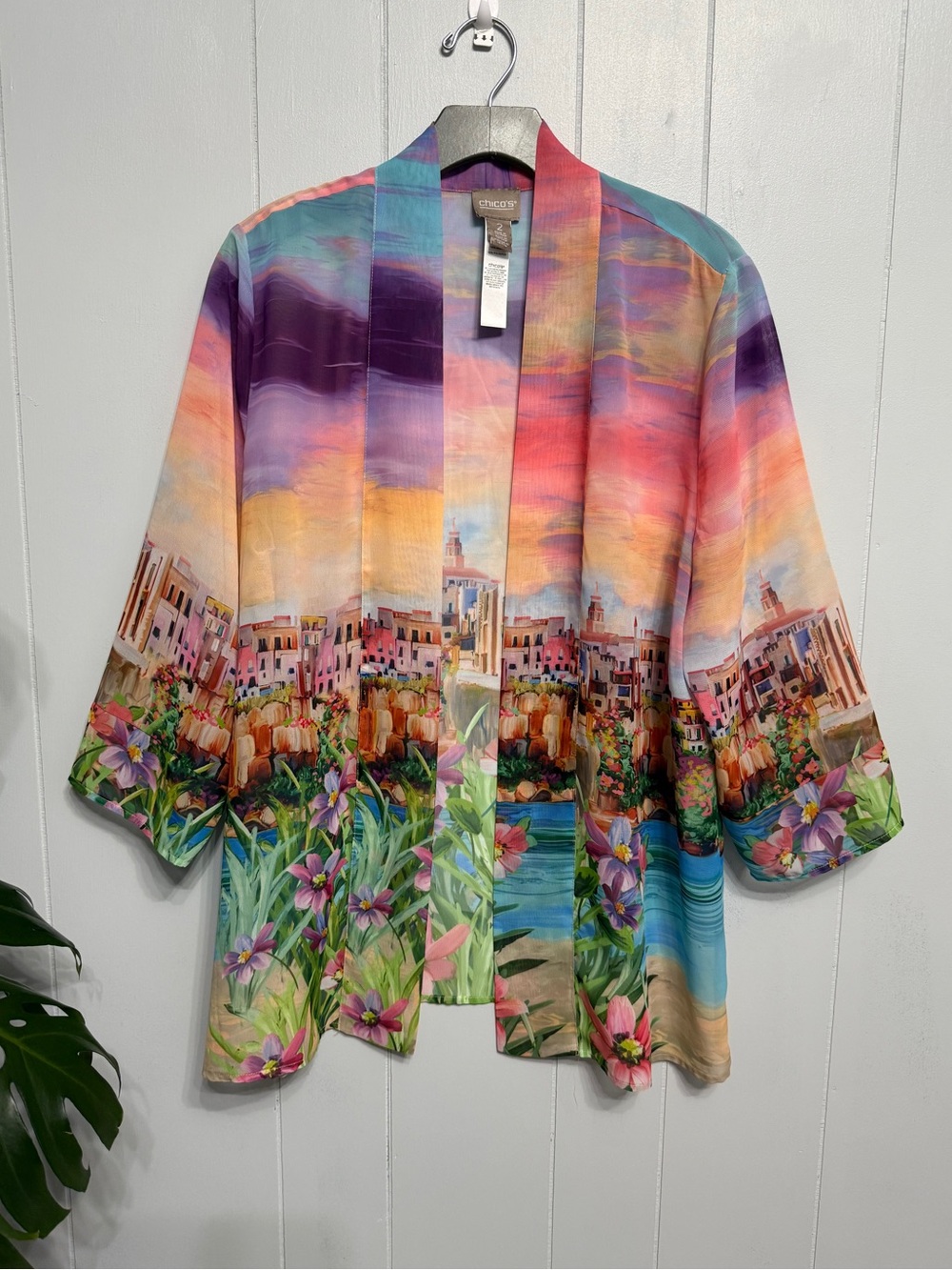 #18)  Chico's Pastel Watercolor Open Kimono - Lavender, Aqua, Peach
